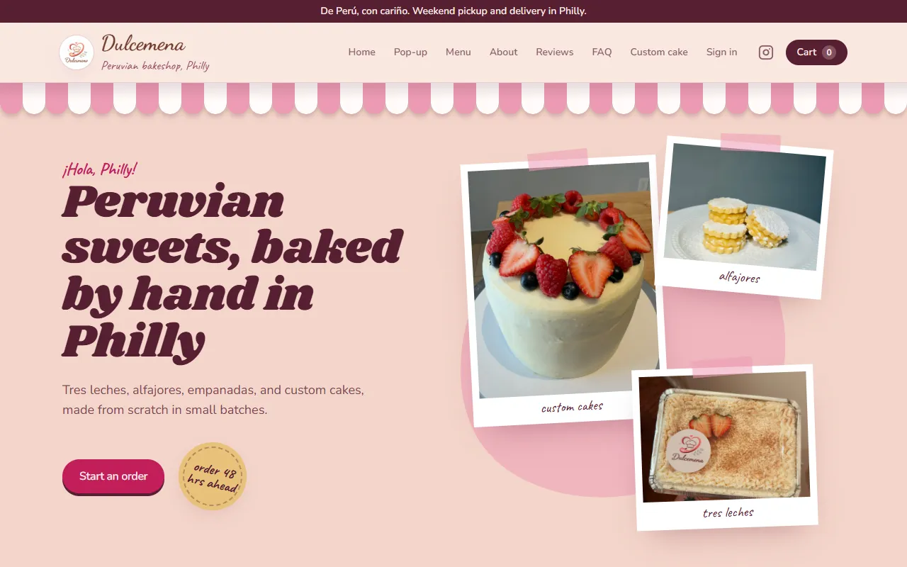 Dulcemena's homepage: Peruvian sweets, baked by hand in Philly, with a Start an order button