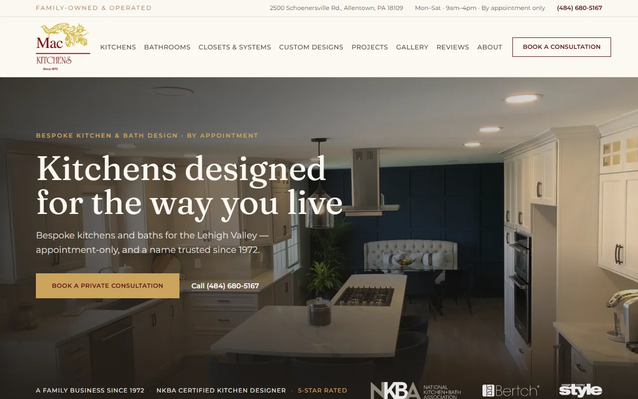 Mac Kitchens' homepage: Kitchens designed for the way you live, with a Book a private consultation button