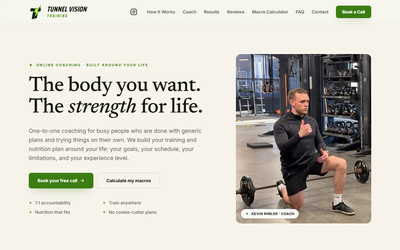 Tunnel Vision Training's homepage: one-to-one online coaching with a Book your free call button