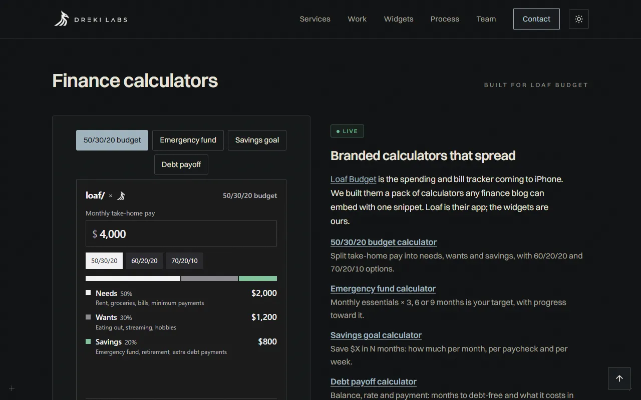 The Dreki Labs widgets page with the live Loaf Budget calculators